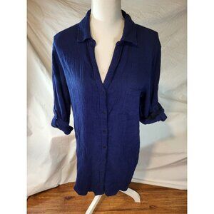 MIRACLESUIT Talbots sz‎ M Beach Shirt Navy Blue Stripe TabSleeve Coverup